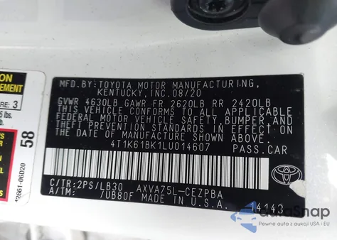 2020 Toyota Camry Xse Awd from USA, damaged, VIN 4T1K61BK1LU014607